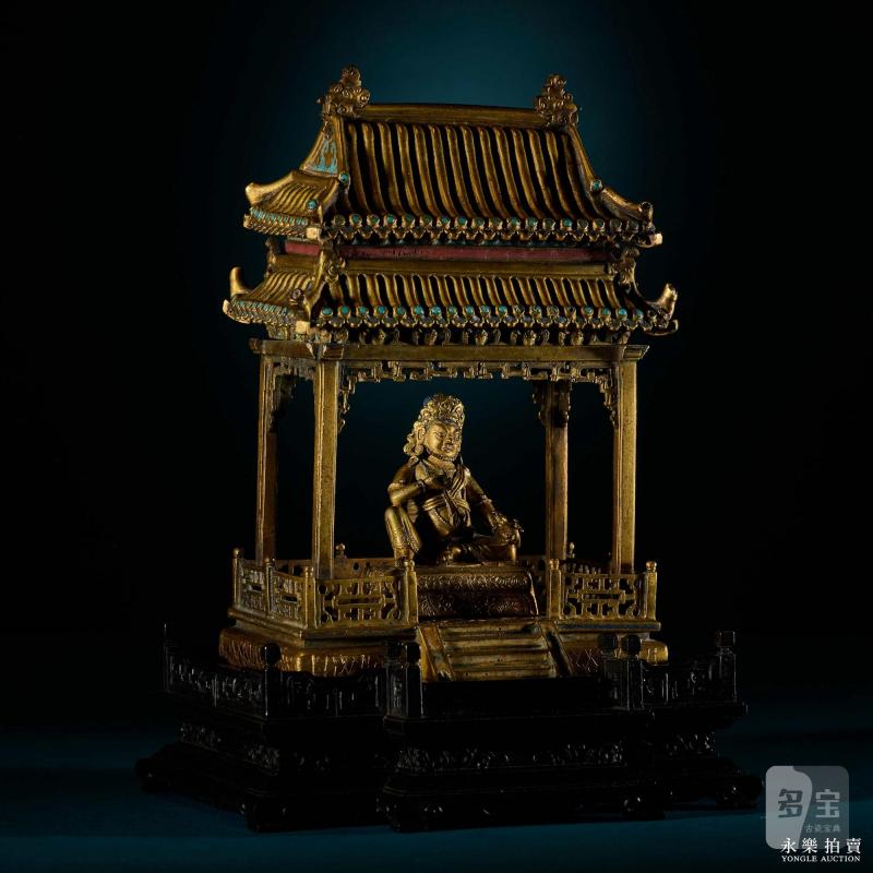 清康熙 （宫廷）铜鎏金黄财神填珐琅殿式佛龛（一组） - 图5